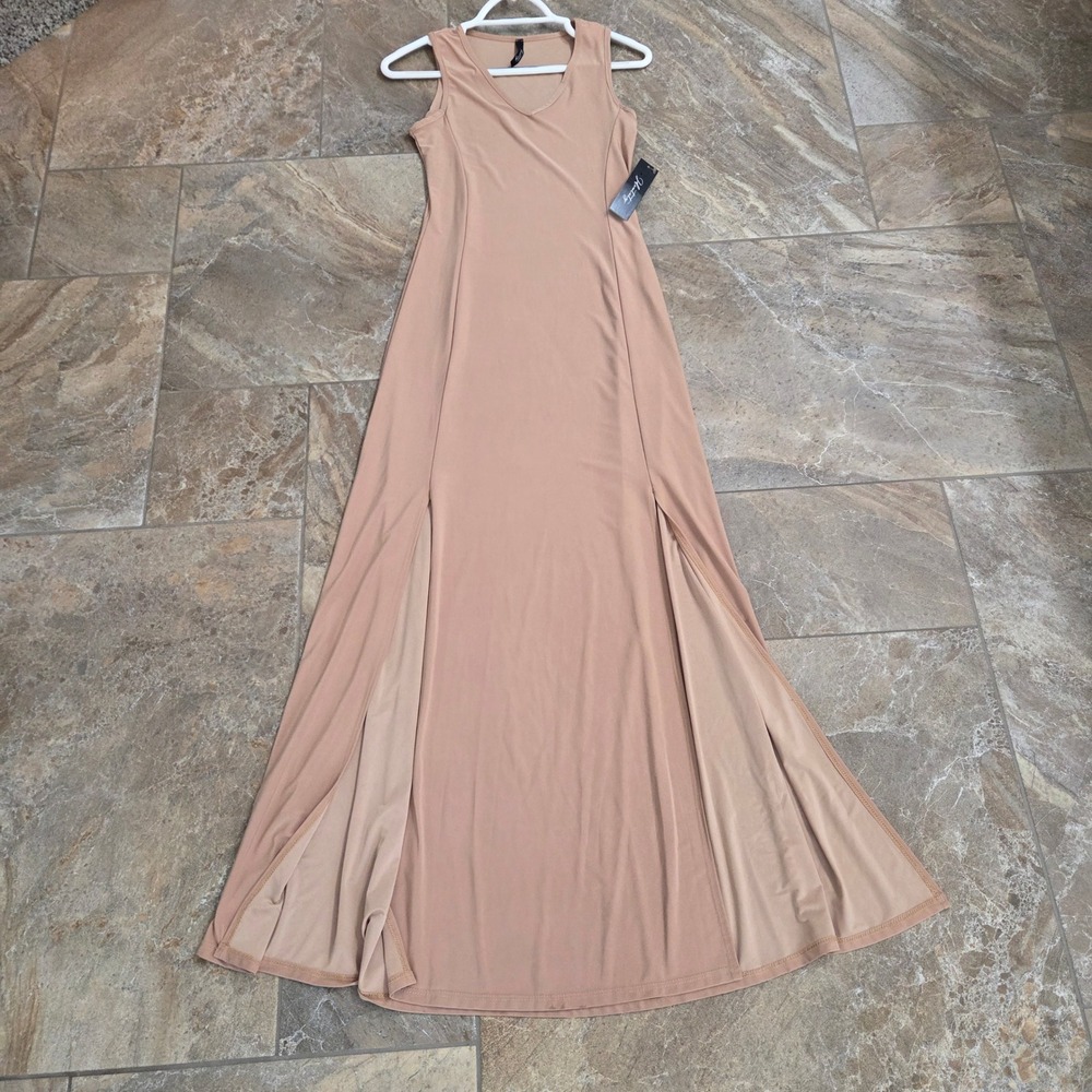Identity Womens Tan Nude Sleeveless V-Neck Double Slit Maxi Dress NWT